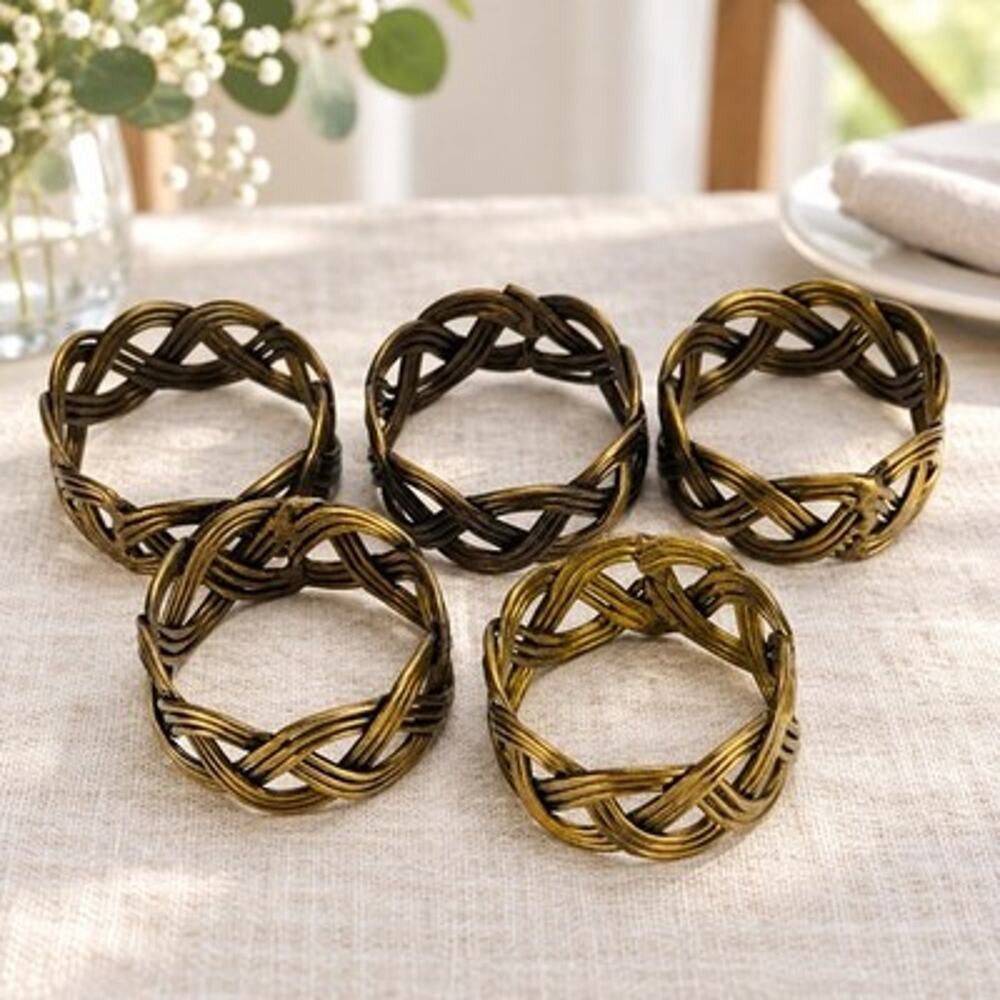 Vintage Brass Tone Woven Knot Napkin Rings Set of 5 Boho Table Decor